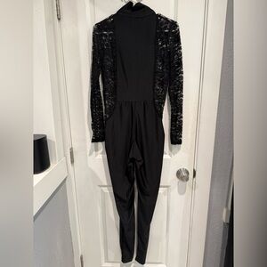 Black Satin & Lace Catsuit Jumpsuit Size L High Neck Back Zip